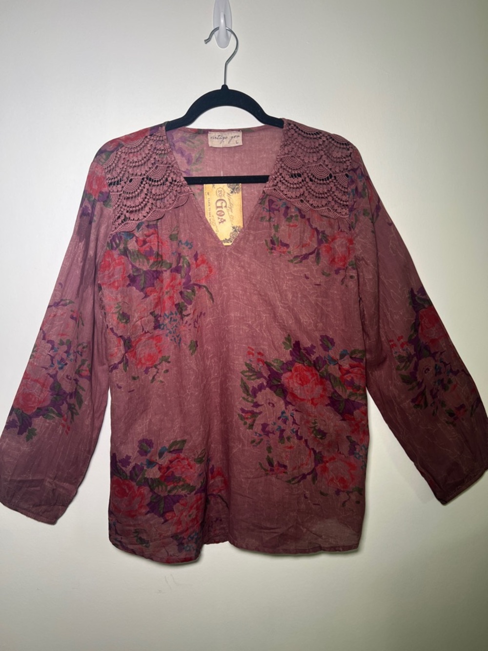 Mauve Floral 100% Cotton Blouse with Crochet Collar